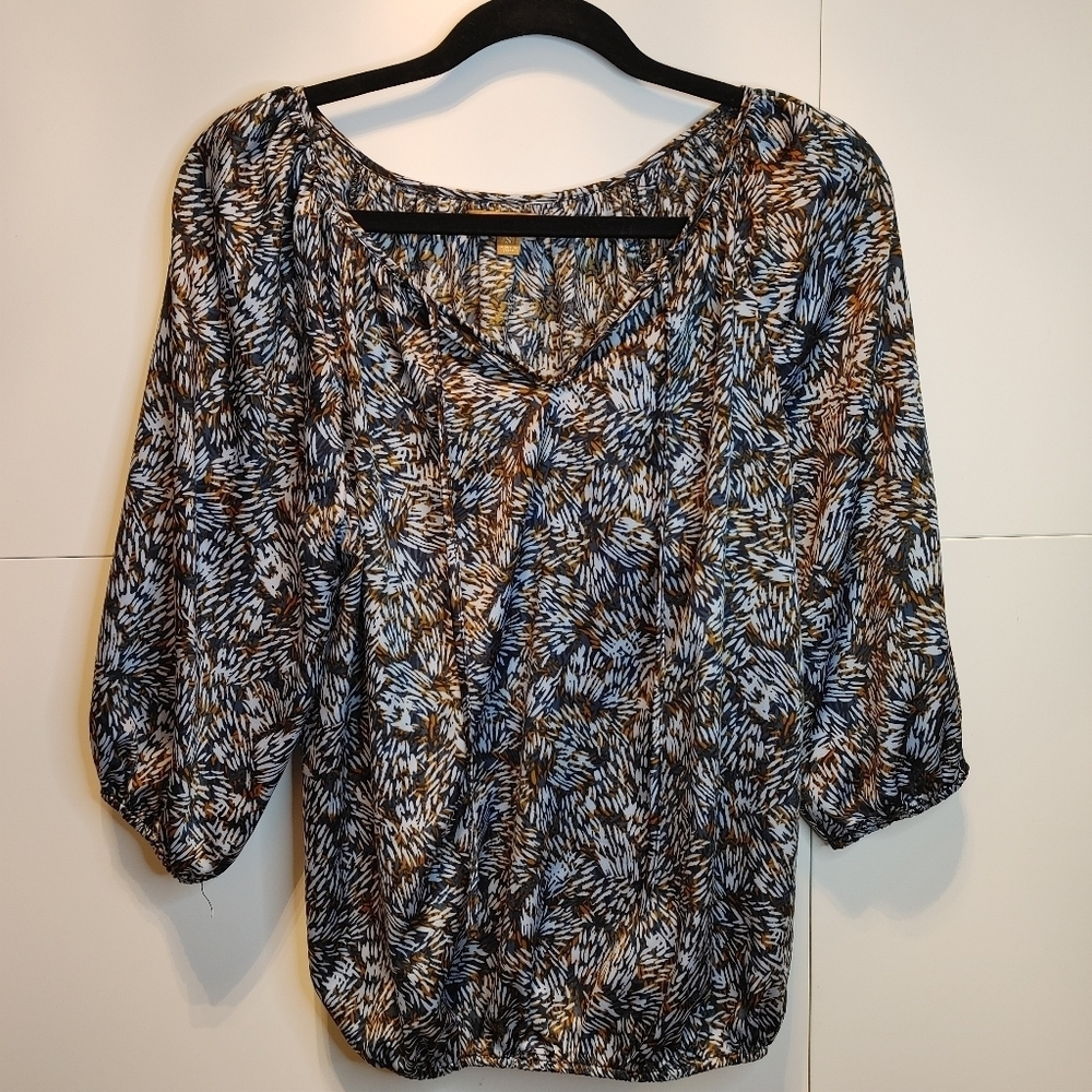 Ellen Tracy Boho Print Blouse Small Tie Neck 3/4 Sleeve Flowy Top Blue Brown - Picture 3 of 6